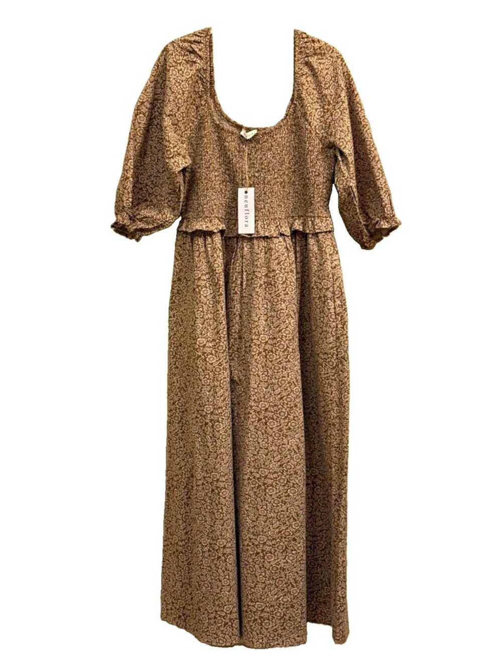 Neuflora Somerset Dress XL Brown Floral Smocked 100% Cotton NWOT Pockets